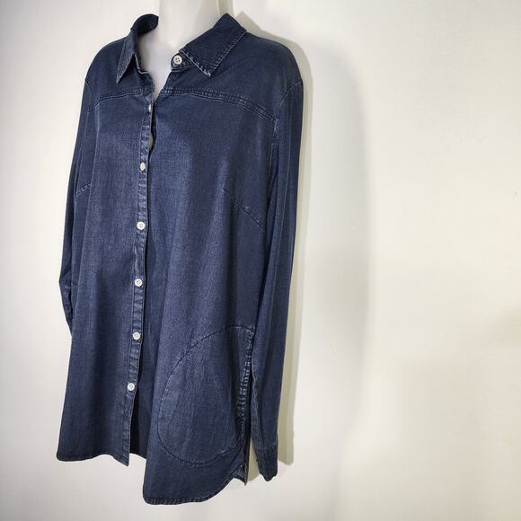 Denim & Co Women Stretch Chambray Tunic Side Pockets Dark Wash Size Small Button - Picture 5 of 12